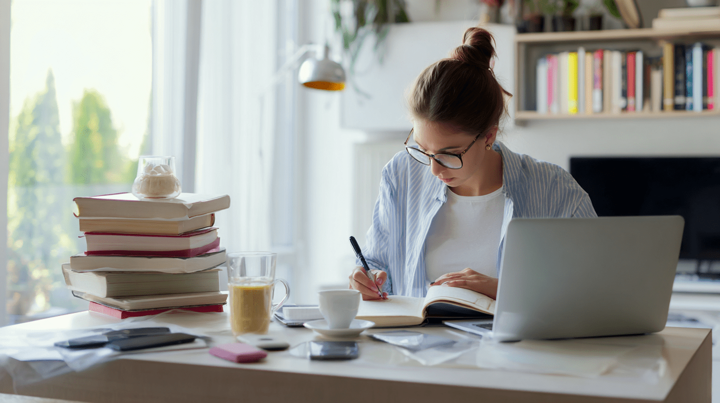 Skupiona licealistka podczas nauki przy biurku, korzystająca z kursu maturalnego online na laptopie.