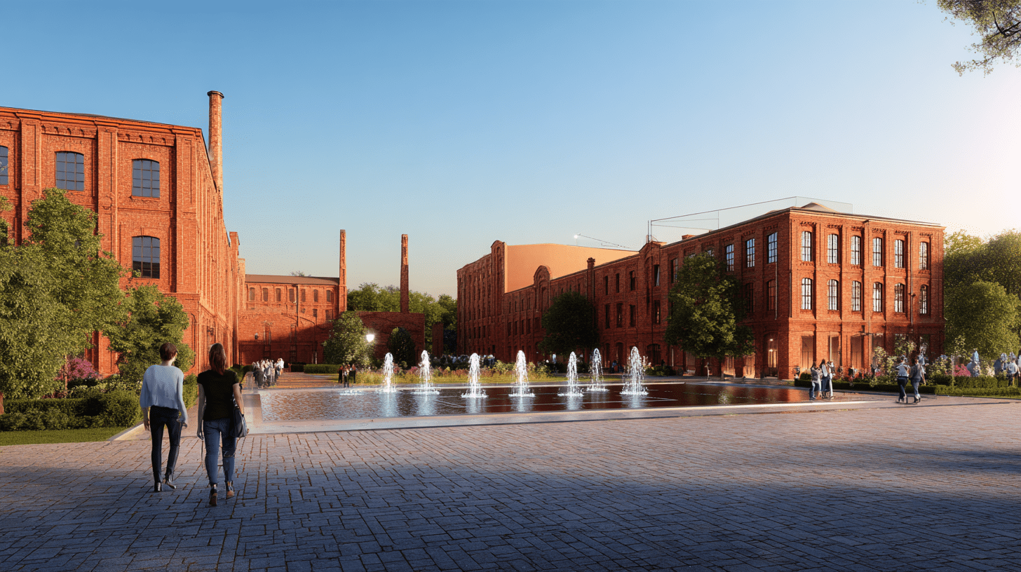 Para turystów spacerująca przy zrewitalizowanej fabryce z czerwonej cegły, obrazująca najciekawsze atrakcje Łodzi i industrialny klimat miasta.