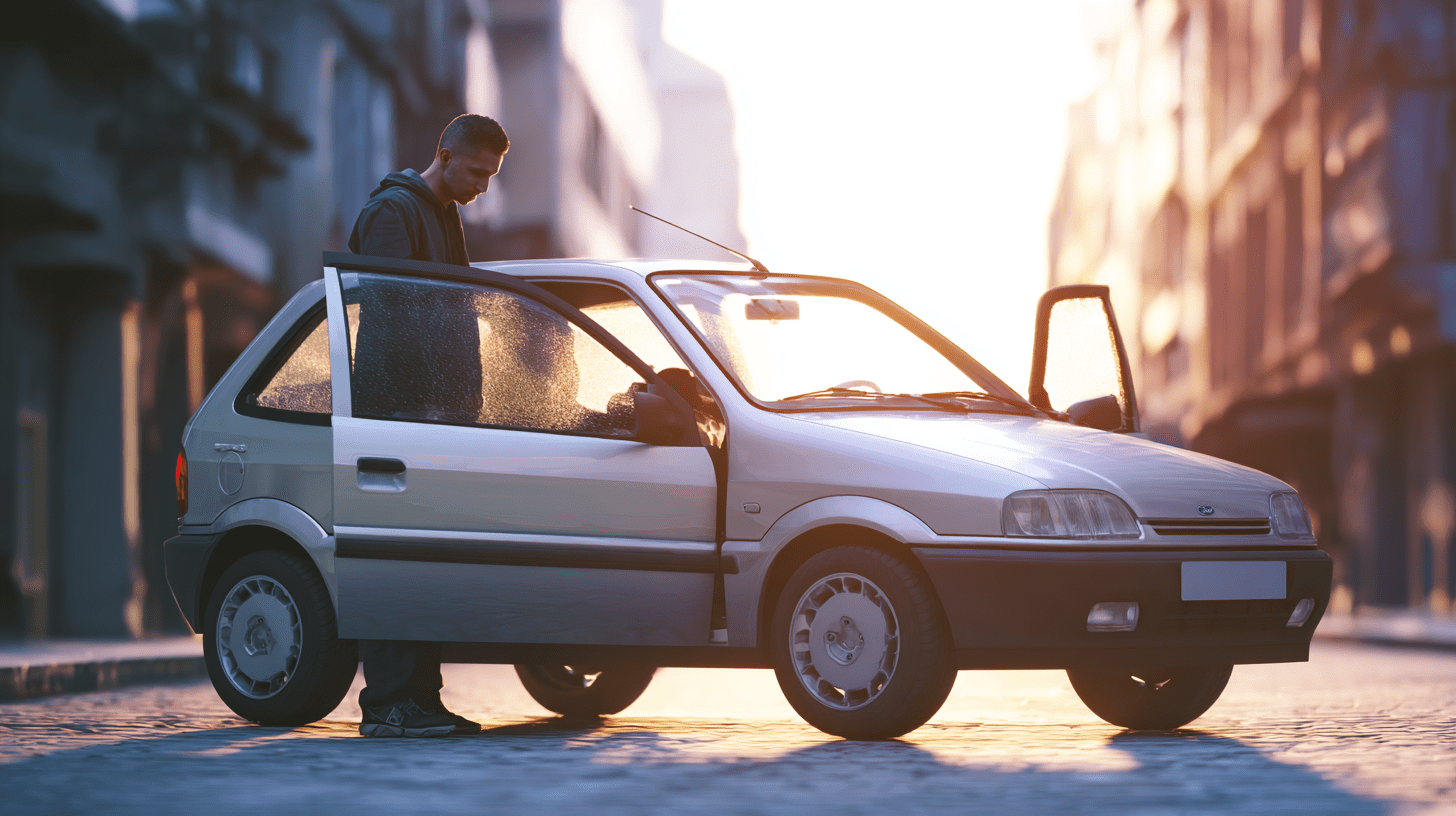 Zadbane małe auto w automacie do 5 tys zaparkowane na spokojnej miejskiej ulicy podczas oględzin.