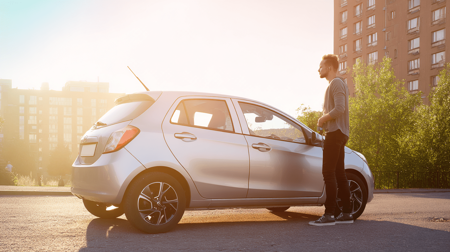 Małe auto z automatyczną skrzynią biegów zaparkowane na miejskiej uliczce, oglądane przez kierowcę.