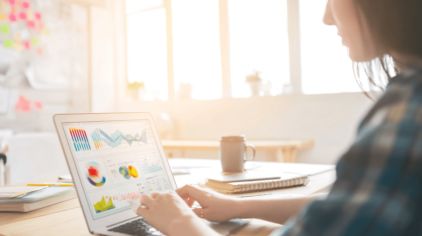 Specjalista ds. marketingu analizuje na laptopie wyniki kampanii reklamowej i strategię marketingową w social media.