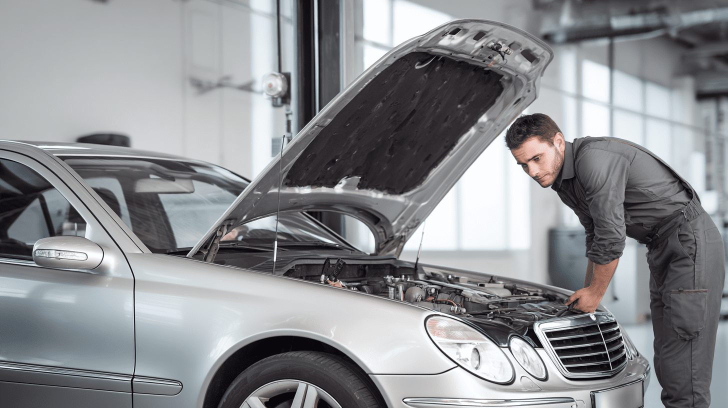 Mechanik sprawdzający silnik w Mercedesie W203 podczas przeglądu przed zakupem, weryfikacja opinii o modelu.