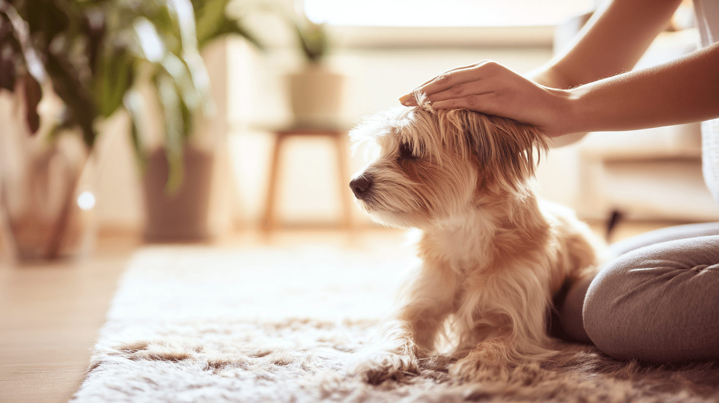 Szczęśliwy mały pies ze schroniska siedzący na dywanie i głaskany przez opiekuna, ilustrujący hasło mini psy do adopcji.