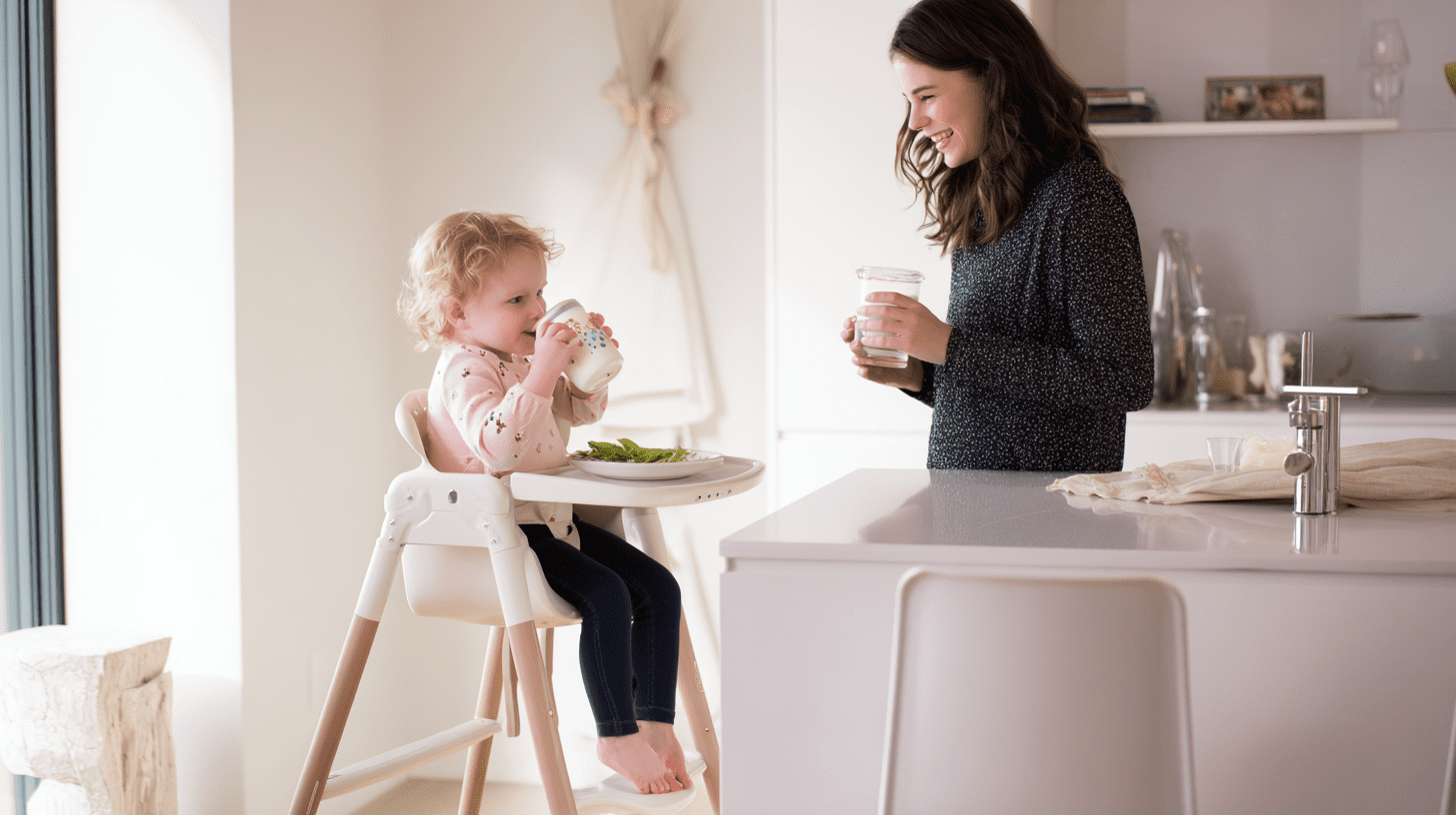 Uśmiechnięta mama towarzyszy rocznemu dziecku pijącemu mleko modyfikowane 3 z kubeczka w jasnej kuchni.