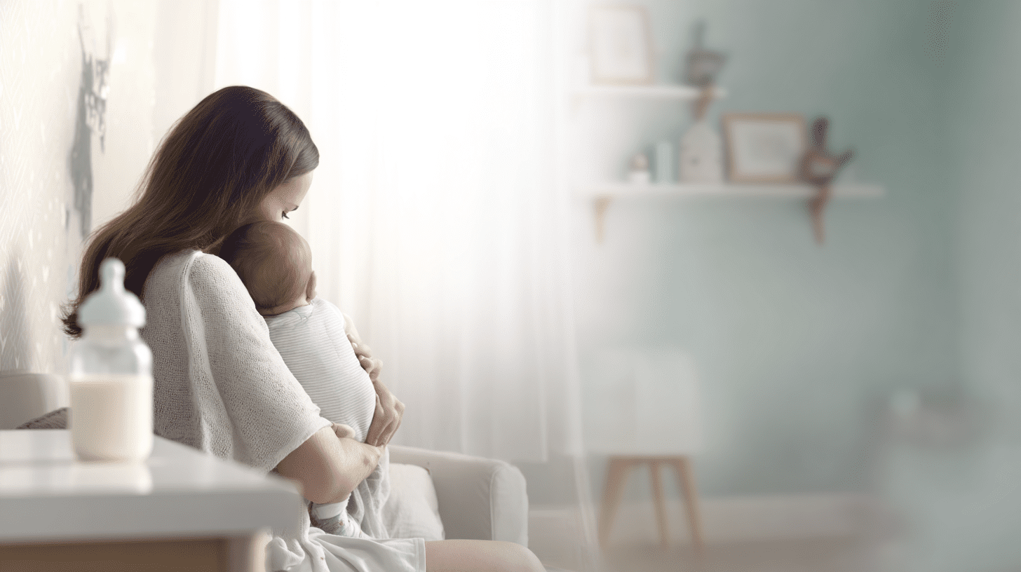 Mama trzymająca niemowlę w pozycji pionowej po karmieniu mlekiem modyfikowanym AR w jasnym, przytulnym pokoju.