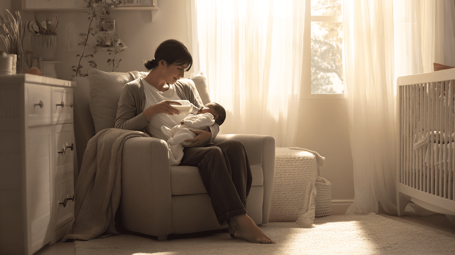 Mama karmiąca butelką spokojne niemowlę w przytulnym pokoju, ilustracja zastosowania mleka modyfikowanego comfort na kolki.