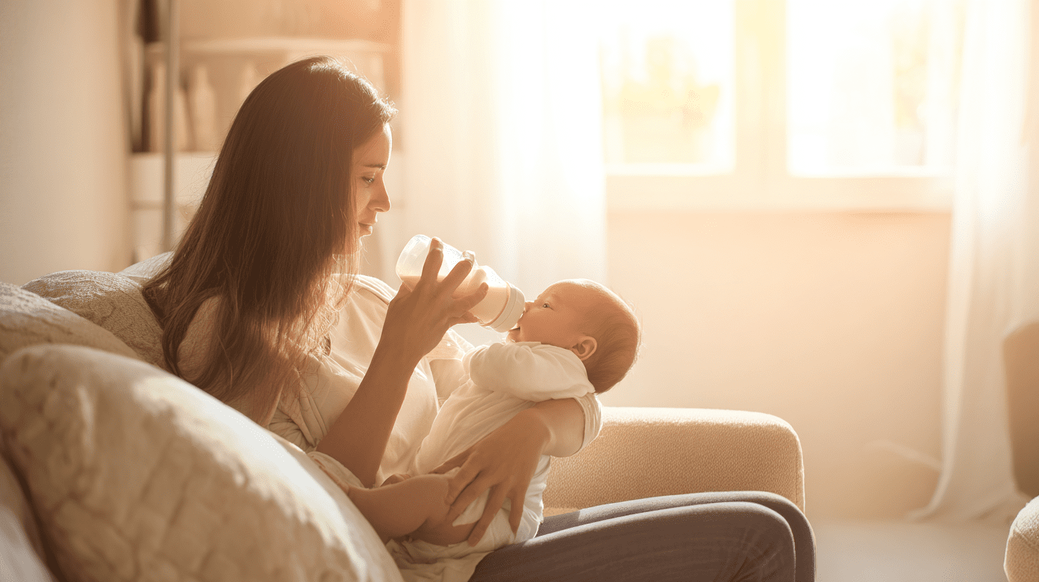 Mama karmiąca niemowlę butelką z mlekiem modyfikowanym HA w przytulnym pokoju, dbając o spokój i bezpieczeństwo maluszka