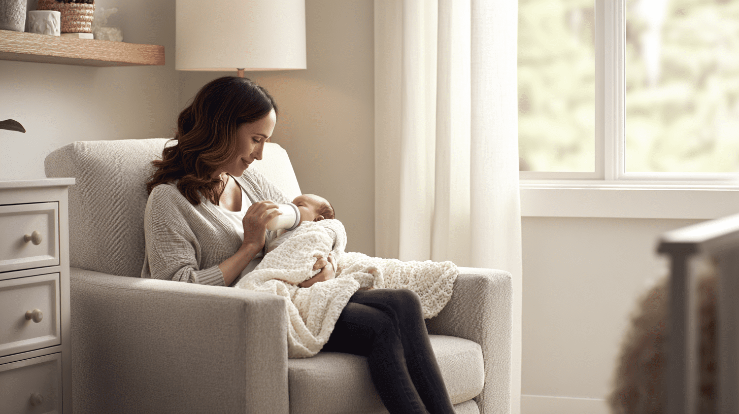 Spokojna mama karmiąca butelką noworodka, dbająca o odpowiednią ilość mleka modyfikowanego dla dziecka.