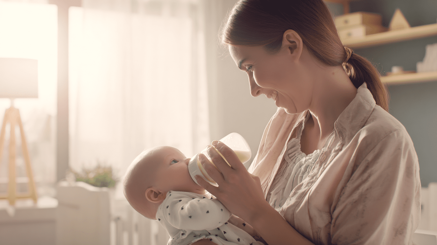 Mama karmiąca spokojne niemowlę butelką, stosując mleko modyfikowane na kolki w przytulnym pokoju.