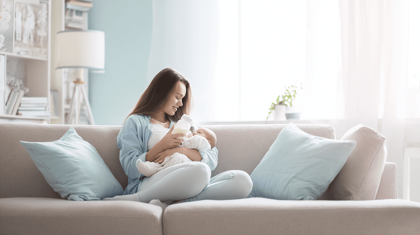 Młoda mama karmiąca noworodka mlekiem modyfikowanym z butelki w wygodnej pozycji na kanapie po cesarskim cięciu.