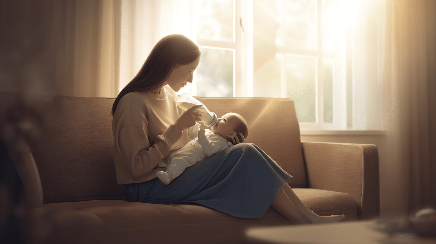 Mama karmiąca niemowlę mlekiem modyfikowanym z butelki w jasnym pokoju, nawiązując do wyboru mleka typu NAN 3.
