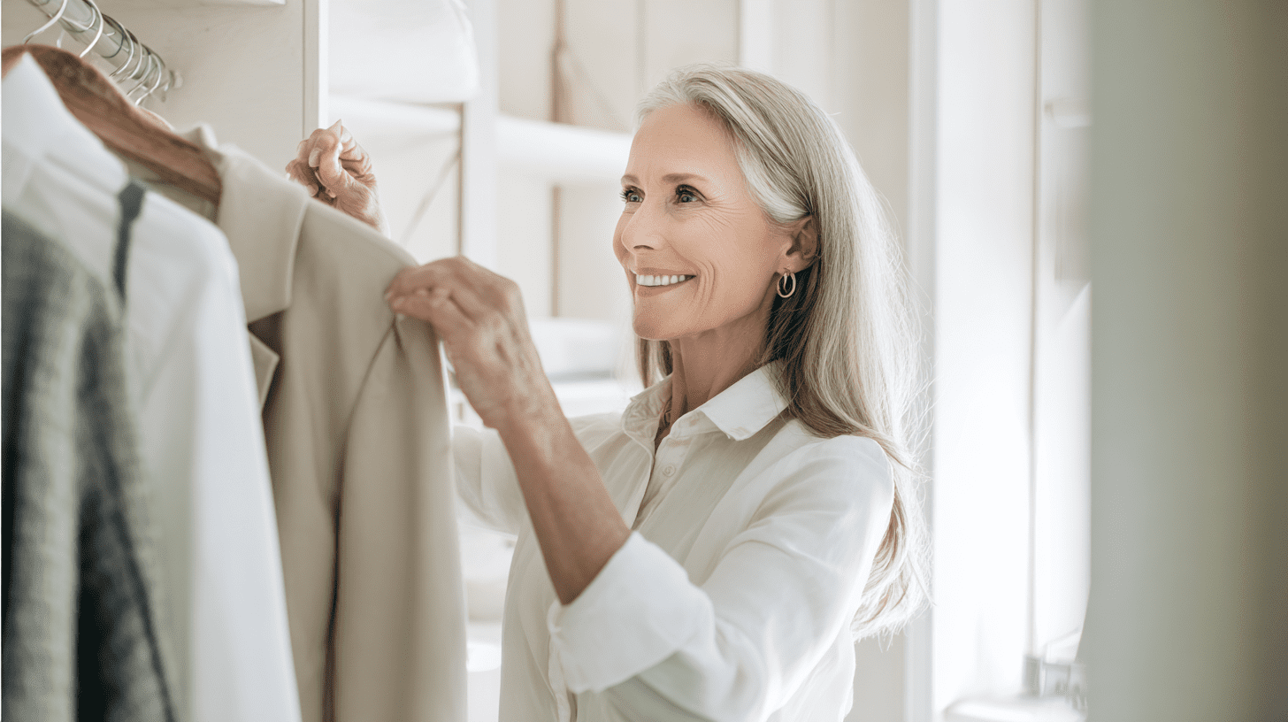 Elegancka kobieta po 50-tce wybierająca stylizację z szafy, prezentująca hasło moda dla 50-latki zdjęcia i codzienne inspiracje.