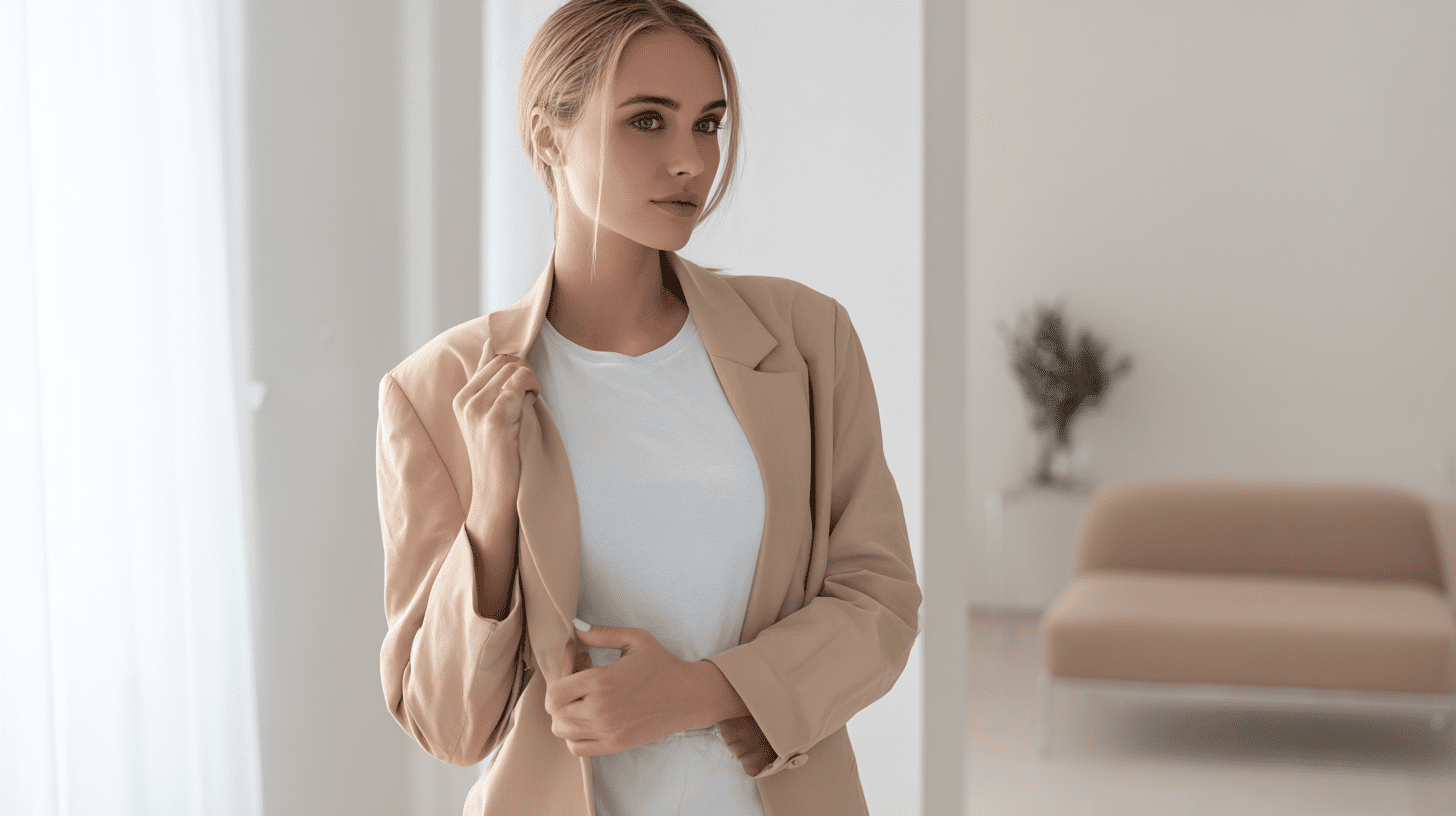 Kobieta w modnej stylizacji smart casual prezentująca trendy na sezon moda wiosna 2026 w jasnym wnętrzu.