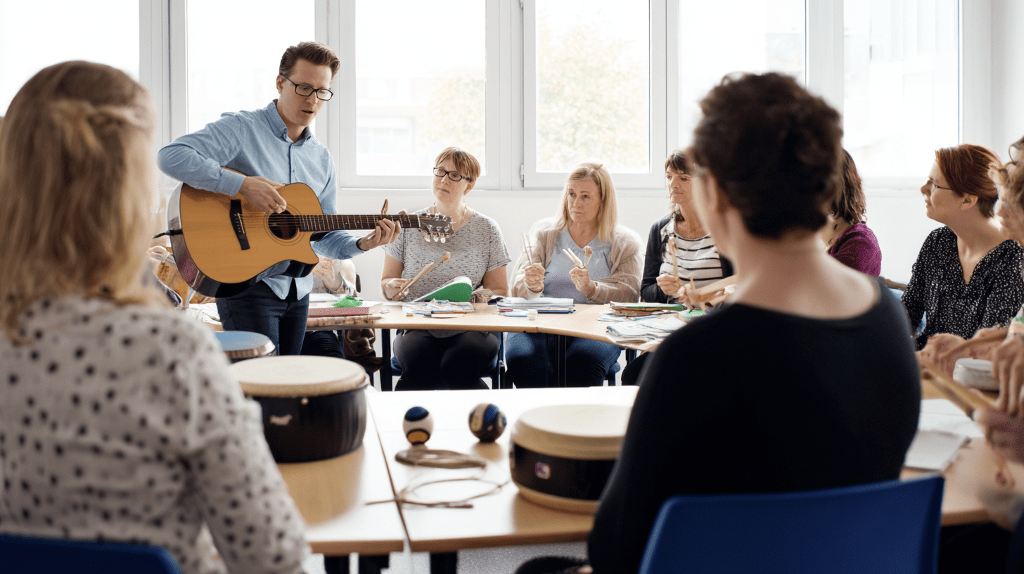Grupa dorosłych studentów podczas warsztatów z instrumentami na kierunku muzykoterapia studia podyplomowe.