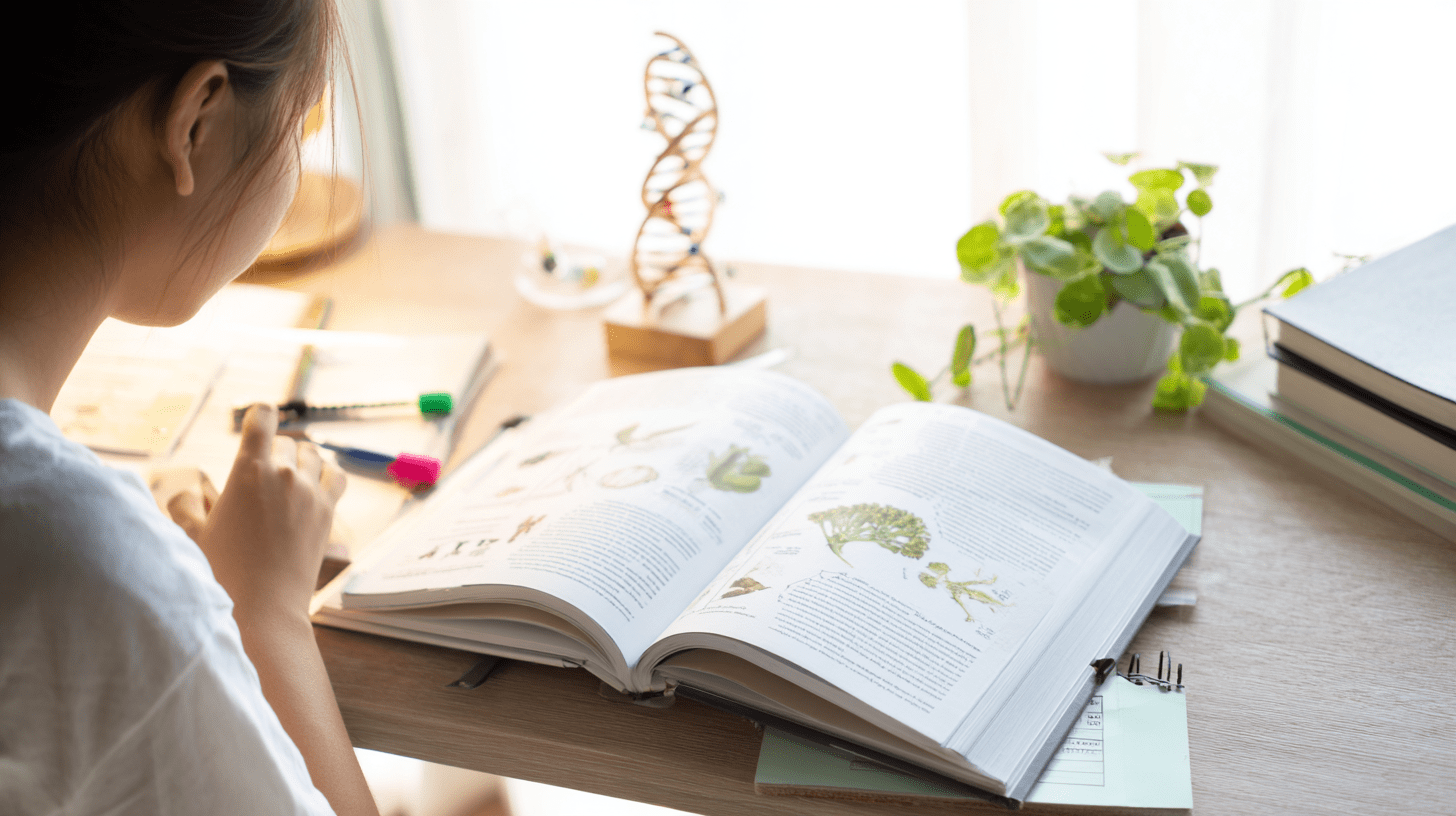 Maturzysta podczas nauki przy biurku, korzystający z podręcznika i notatek – przygotowania do egzaminu nowa teraz matura biologia.