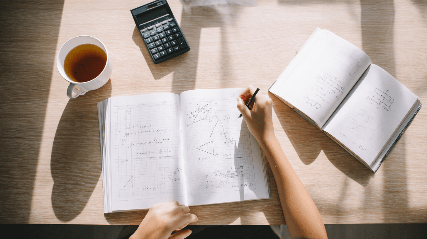 Maturzysta rozwiązujący zadania przy biurku przygotowujący się do nowej matury z matematyki