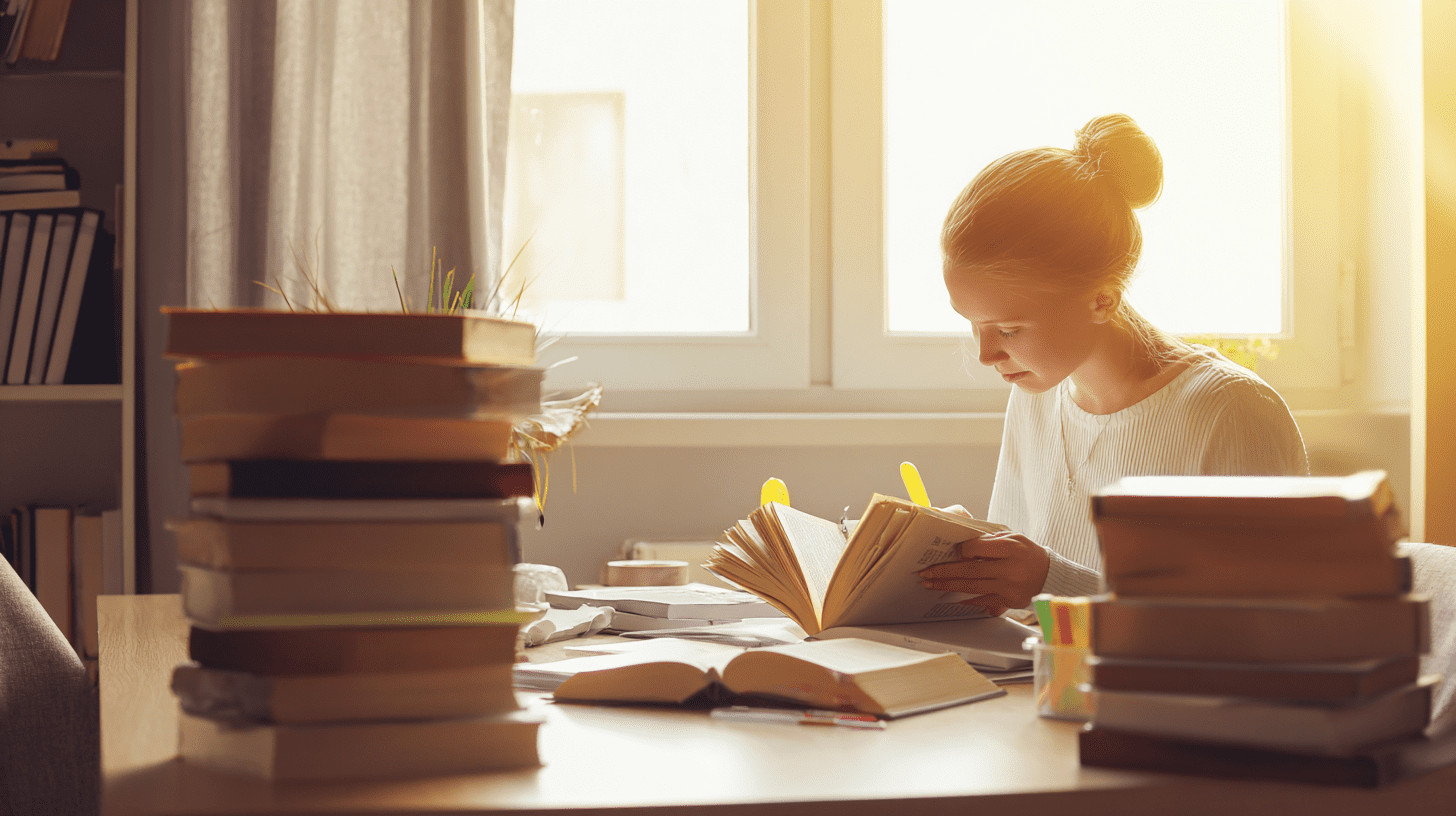 Maturzystka ucząca się przy biurku, przygotowująca notatki na egzamin nowa teraz matura polski.