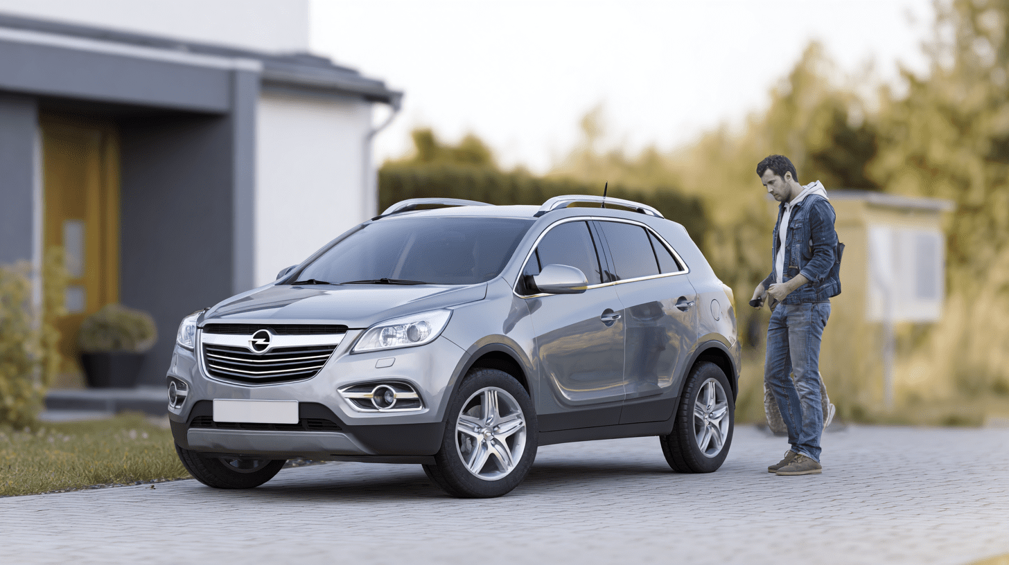 Mężczyzna oglądający srebrnego SUV-a na podjeździe, ilustrujący temat opel antara opinie i weryfikacja stanu technicznego.