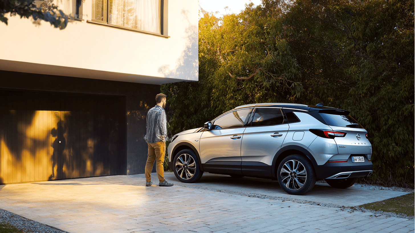 Mężczyzna oglądający srebrnego SUV-a na podjeździe, ilustracja do artykułu Opel Grandland X opinie i awarie.
