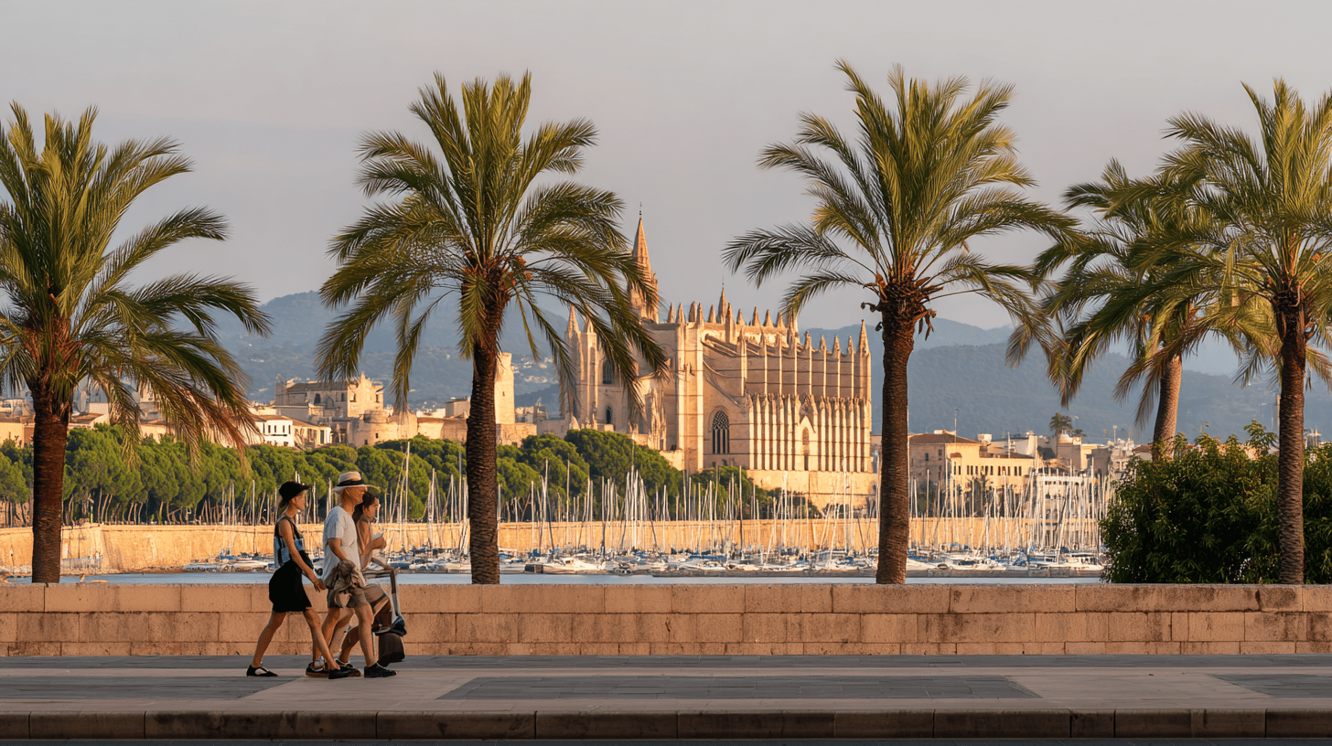 Para turystów spacerująca promenadą w Palma de Mallorca z widokiem na gotycką katedrę La Seu i palmy.