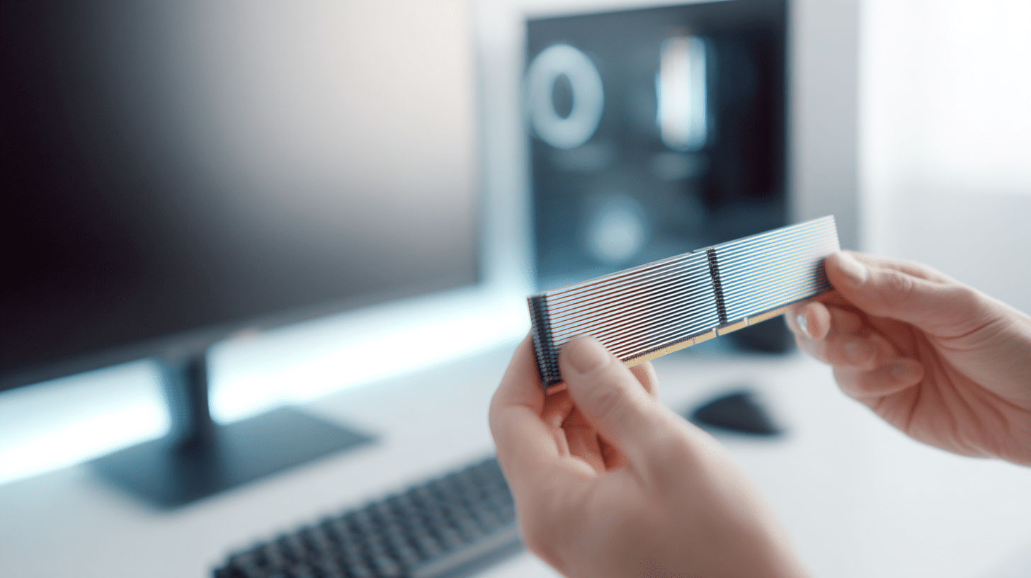 Osoba trzymająca nowoczesną kość pamięci RAM do komputera przygotowująca się do modernizacji sprzętu.