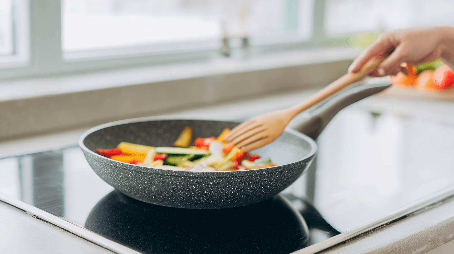 Nowoczesna patelnia granit z powłoką non-stick, na której kucharz miesza kolorowe warzywa drewnianą łopatką
