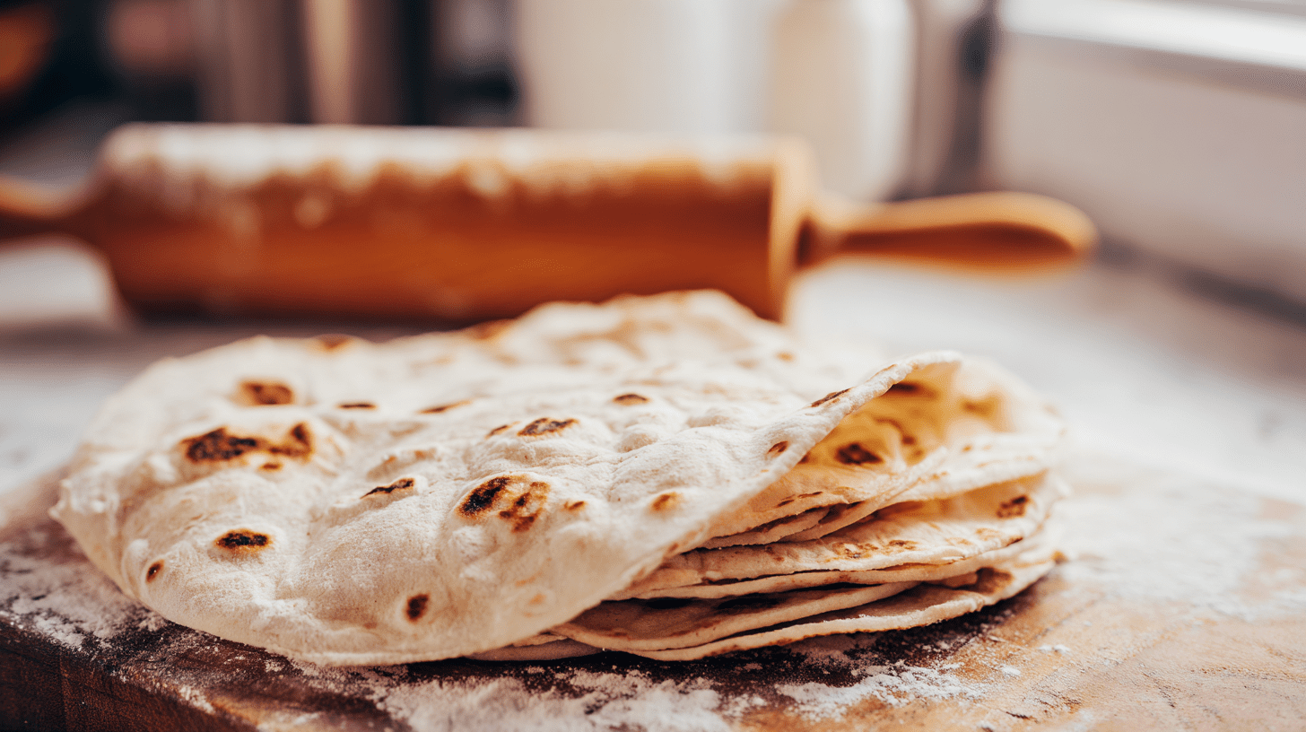 Stos świeżych, domowych placków tortilla z mąki pszennej ułożony na drewnianej desce w jasnej kuchni.