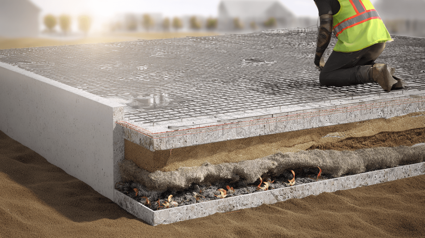 Płyta fundamentowa przekrój - widoczne warstwy izolacji i zbrojenia na placu budowy.