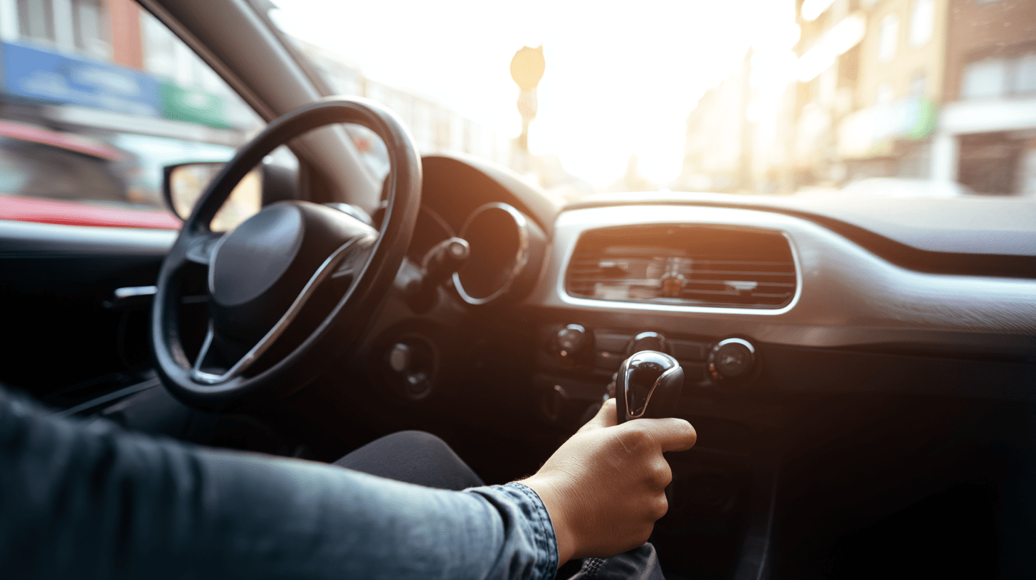 Wnętrze samochodu miejskiego z półautomatyczną skrzynią biegów podczas spokojnej jazdy