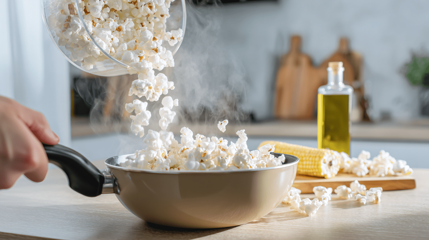 Świeży i chrupiący popcorn na patelni przesypywany do miski w jasnej kuchni