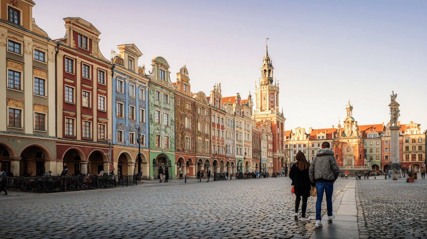 Para turystów spacerująca po Starym Rynku w Poznaniu, podziwiająca Ratusz i kolorowe domki budnicze jako główne atrakcje miasta.