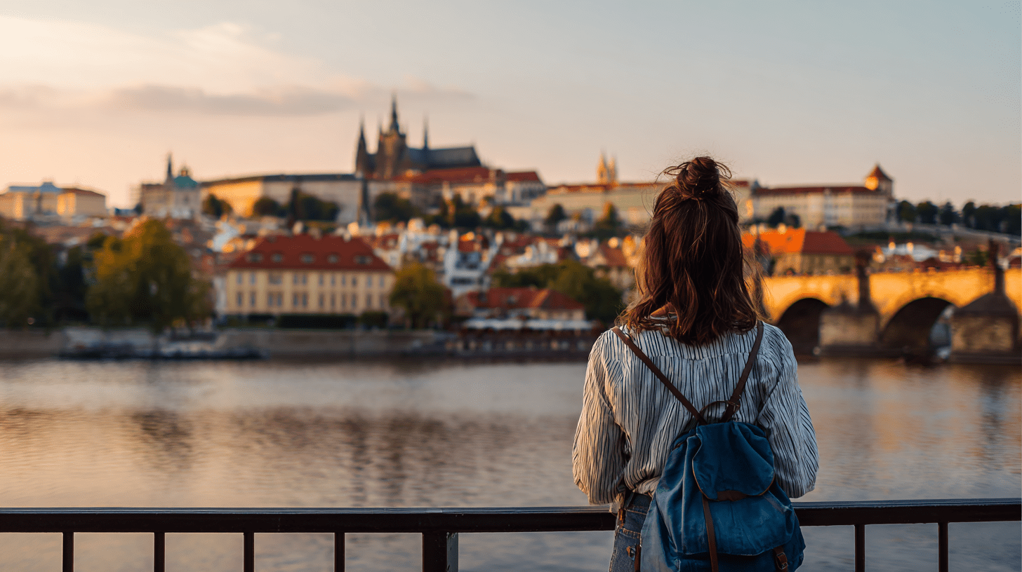 Turystka podziwiająca panoramę Pragi z Mostem Karola i Hradczanami w tle podczas słonecznego dnia.