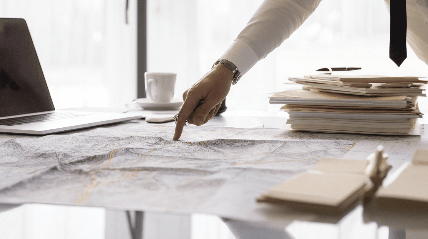 Analiza mapy geologicznej i dokumentów prawnych na biurku w kontekście prawa geologicznego i górniczego.