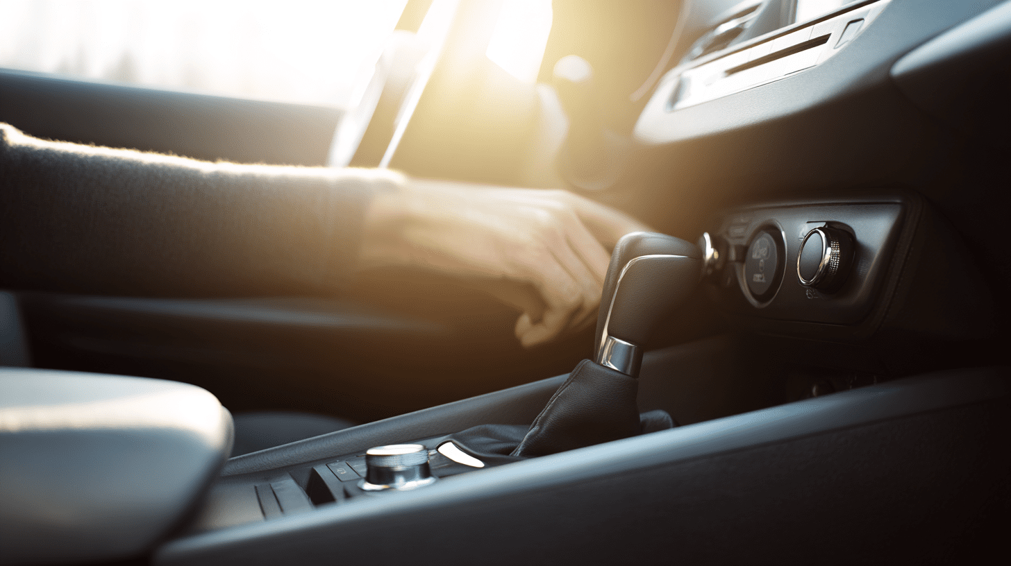 Wnętrze samochodu z widocznym drążkiem zmiany biegów i ręką kierowcy, ilustrujące temat prawa jazdy na automat i manual.