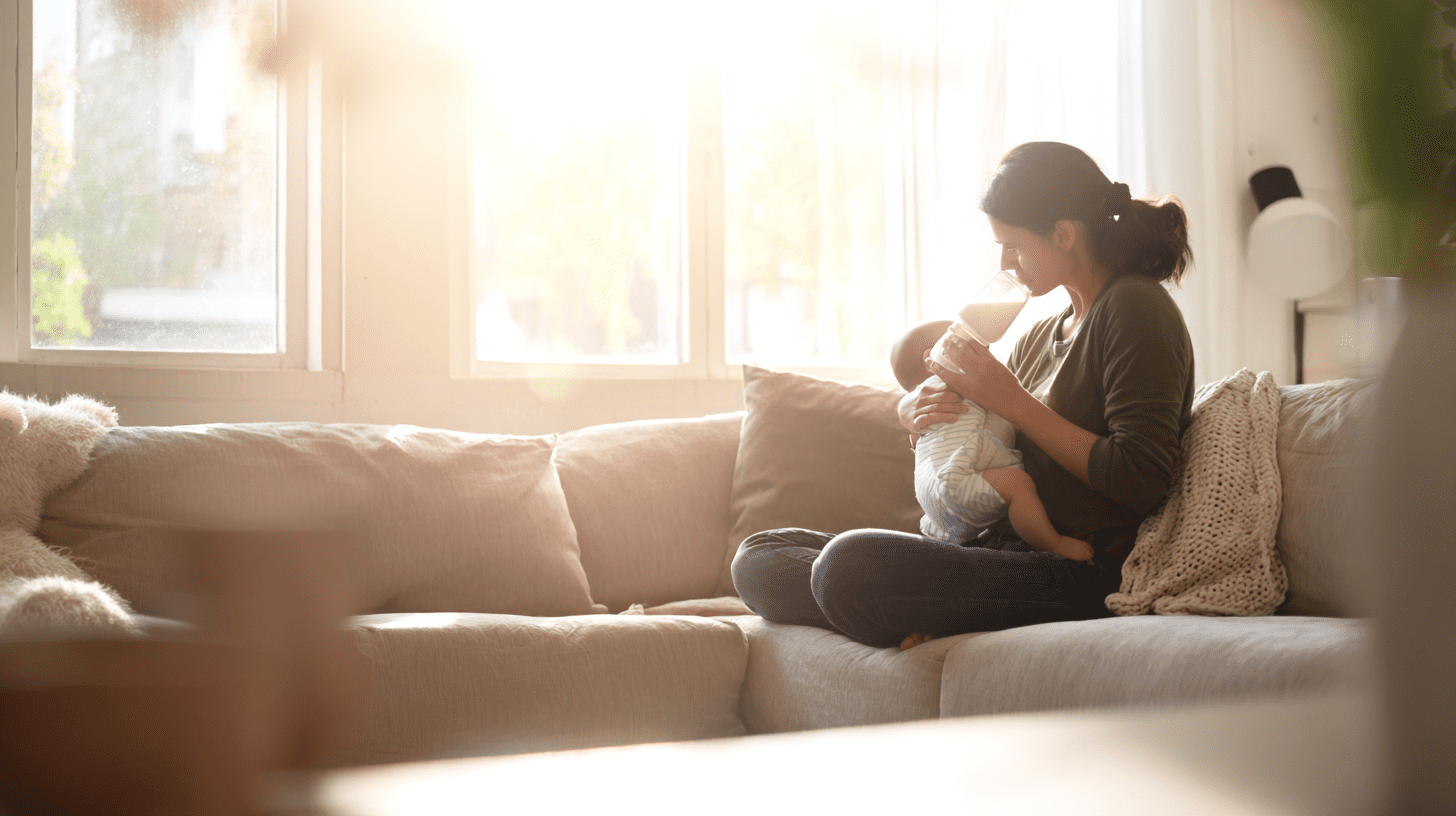 Mama karmiąca niemowlę butelką w przytulnym salonie, co nawiązuje do tematu próbek mleka modyfikowanego.