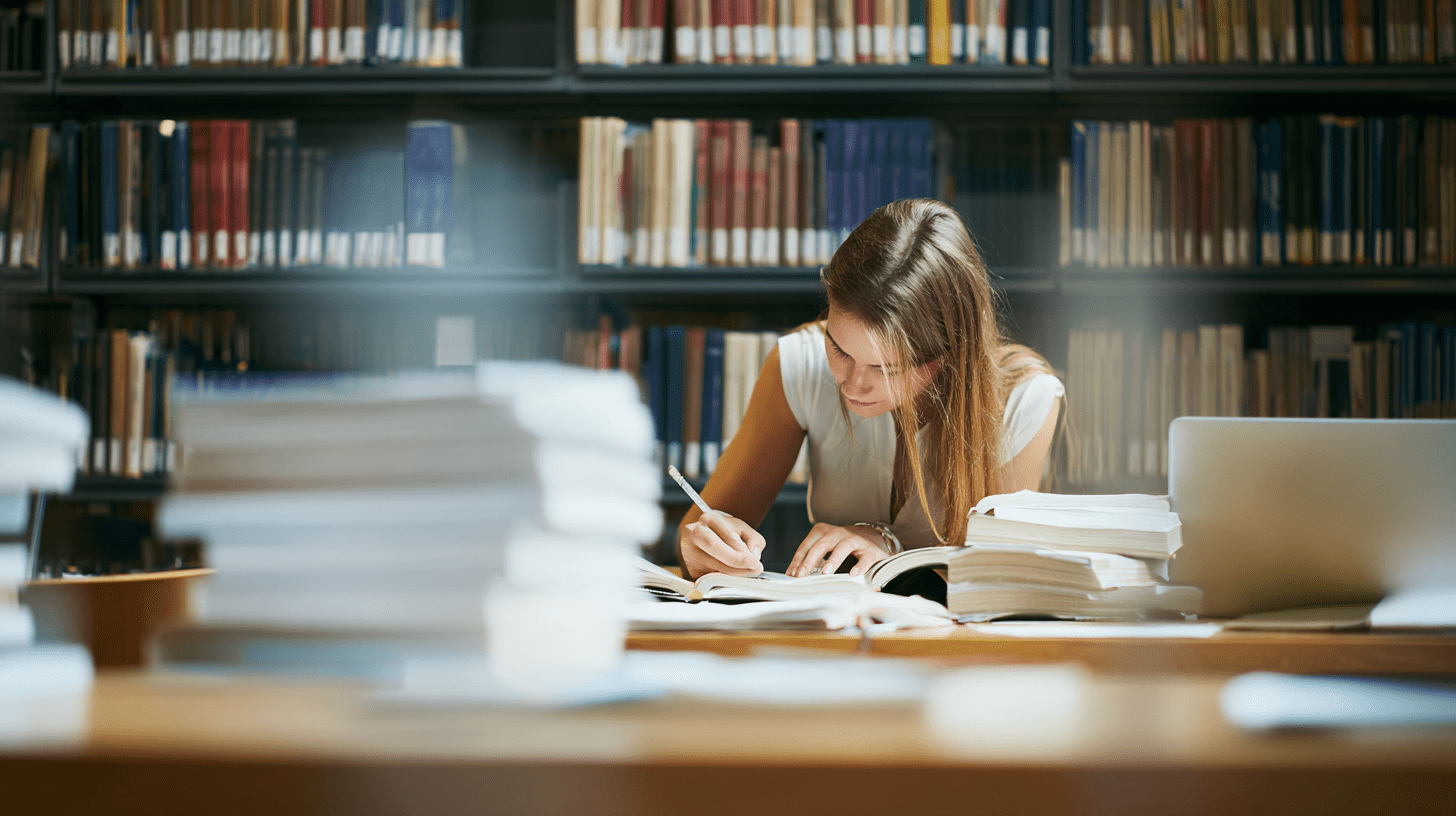Studentka psychologii klinicznej na studiach podyplomowych uczy się przy biurku w bibliotece, korzystając z podręczników i notatek