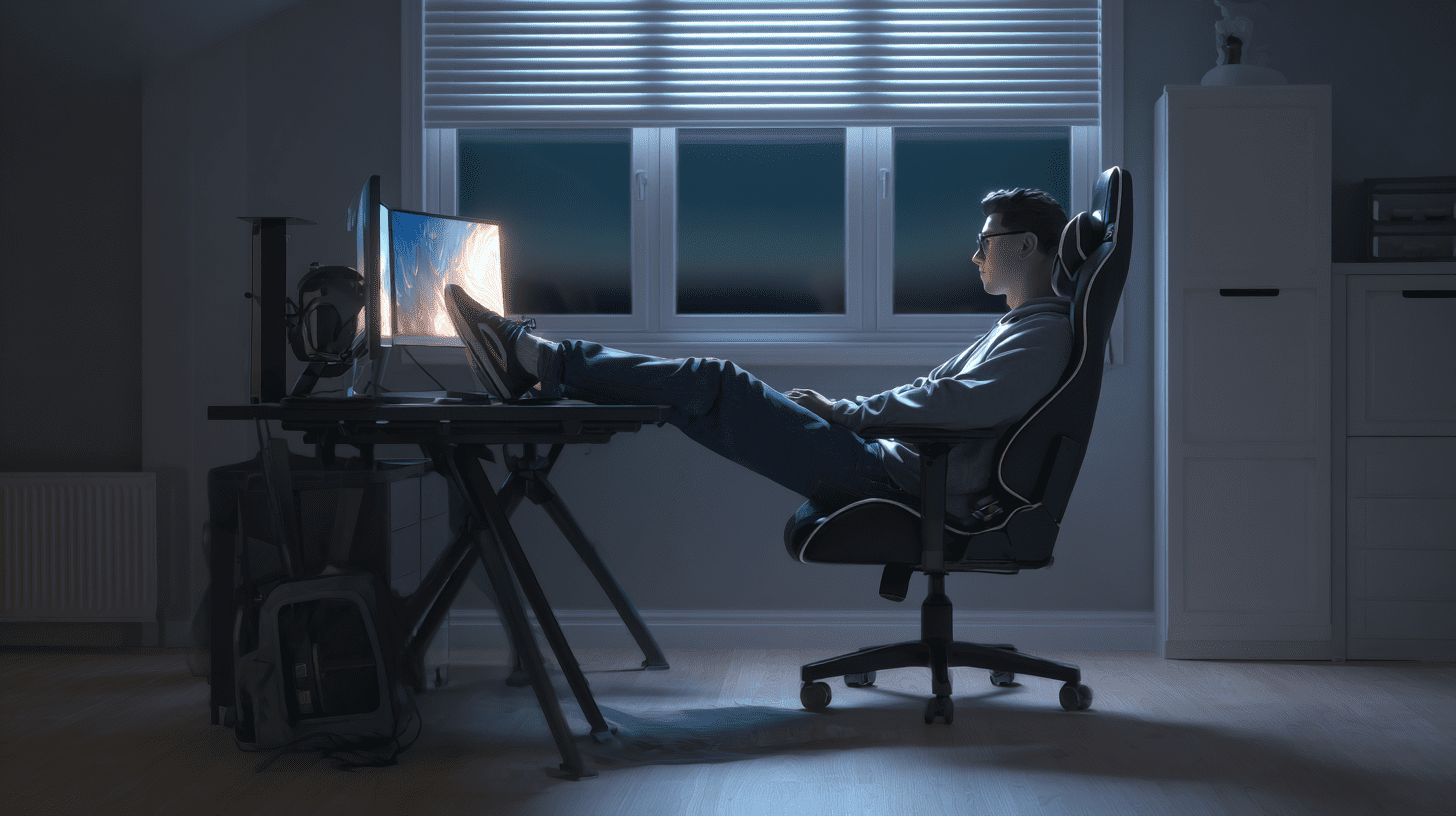 Nowoczesne stanowisko komputerowe z wygodnym fotelem gamingowym i monitorami.