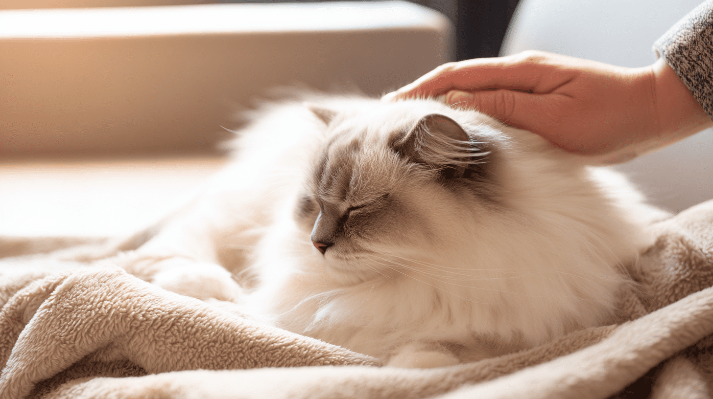 Zrelaksowany kot w typie rasy Ragdoll głaskany przez opiekuna na kanapie, ilustrujący udane adopcje kotów rasowych.