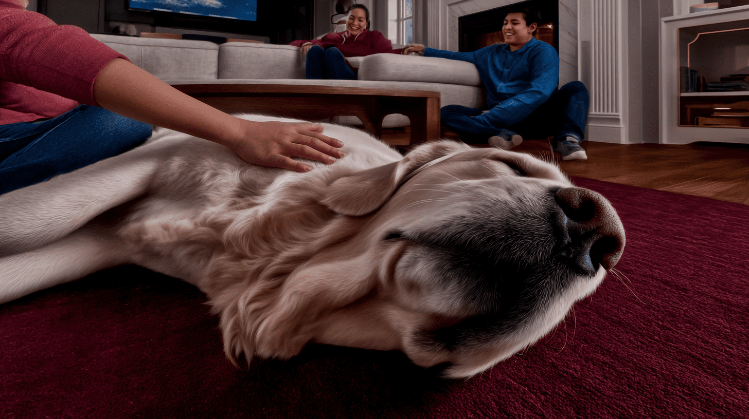 Dziecko bezpiecznie głaszczące psa rasy Golden Retriever w salonie pod opieką rodzica, co ilustruje temat rasy psów dla dzieci.