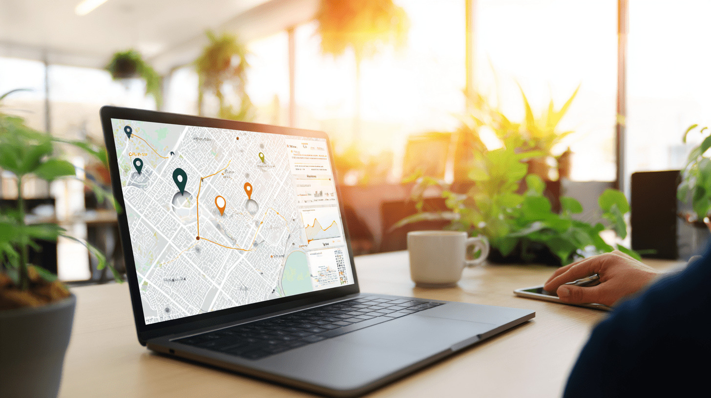 Marketer analizujący skuteczność kampanii reklama w Google Maps na ekranie laptopa w jasnym biurze.