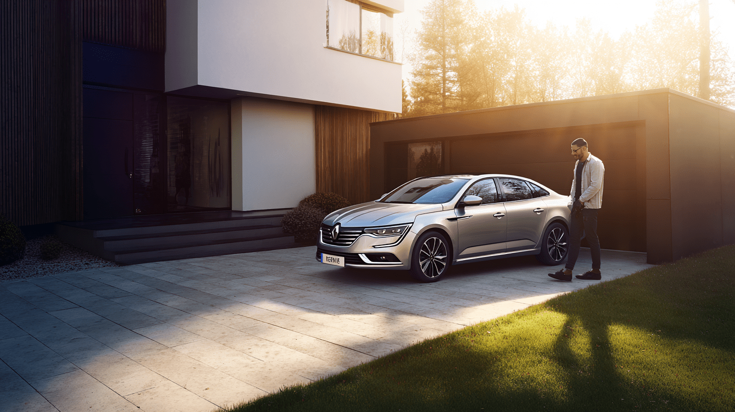 Mężczyzna oglądający elegancki samochód typu sedan podczas zakupu, ilustracja do artykułu Renault Talisman opinie.