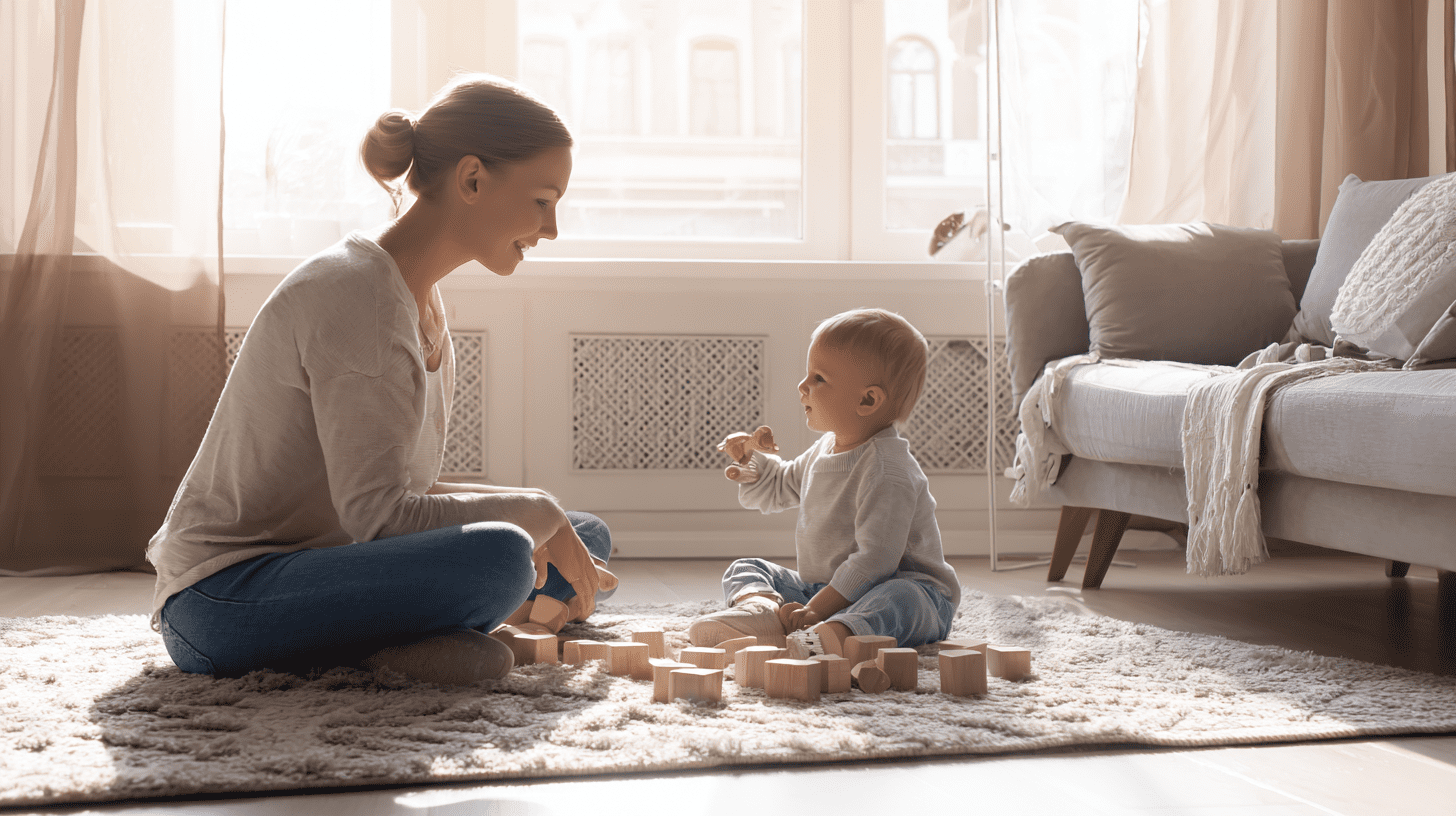 Mama kucająca przy dziecku i rozmawiająca z nim spokojnie w jasnym salonie, obrazująca rodzicielstwo bez awantur.