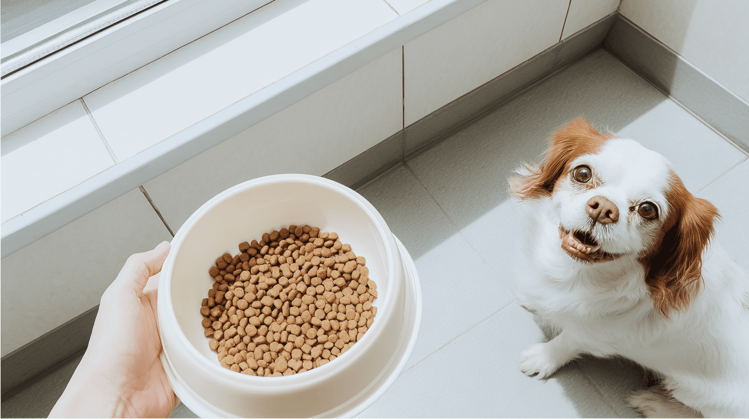 Opiekun podaje karmę psu małej rasy w domowej kuchni, co nawiązuje do diety Royal Canin dla małych ras.