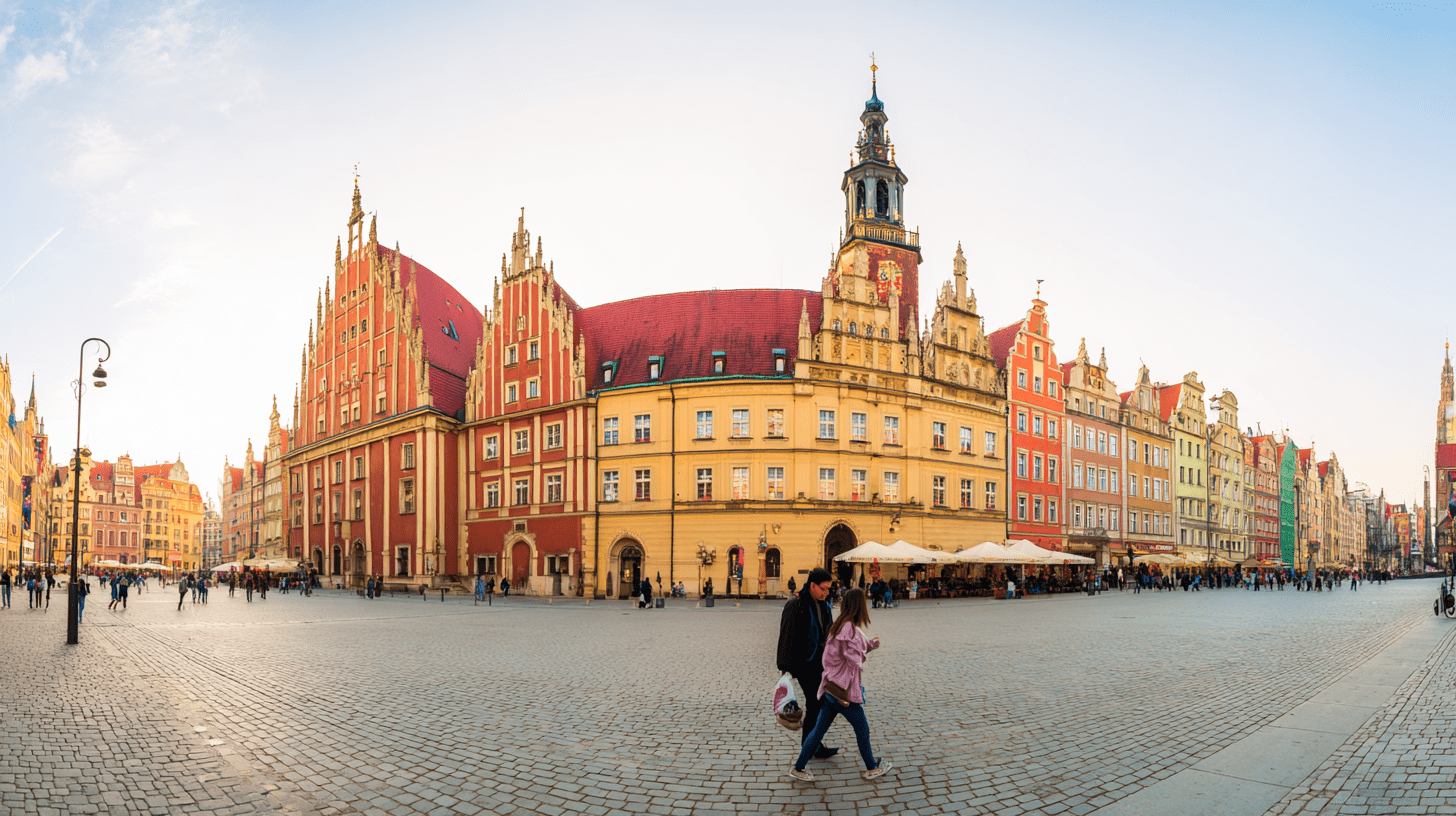 Malowniczy Rynek we Wrocławiu z widokiem na gotycki Ratusz i kolorowe kamienice w słoneczny dzień.