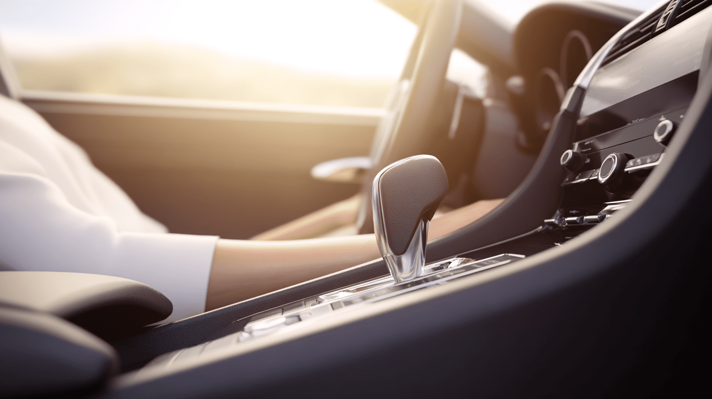 Wnętrze samochodu z automatyczną skrzynią biegów, ręka kierowcy przy drążku podczas płynnej jazdy