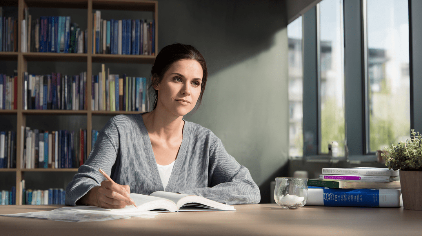 Nauczycielka lub psycholog ucząca się przy biurku, przygotowująca się do studiów podyplomowych z socjoterapii.