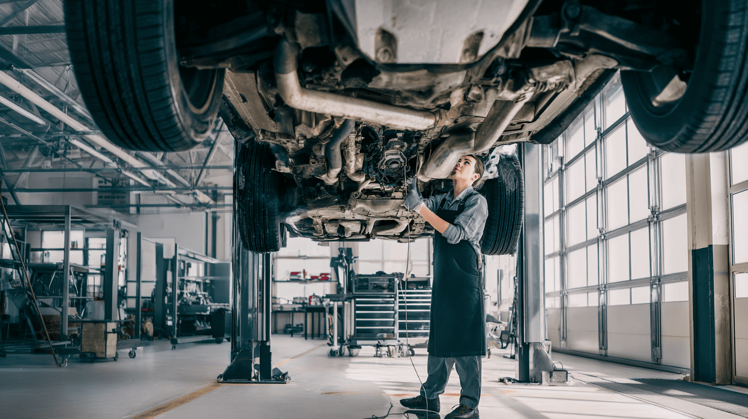Mechanik wykonujący statyczną wymianę oleju w automatycznej skrzyni biegów na podnośniku w serwisie