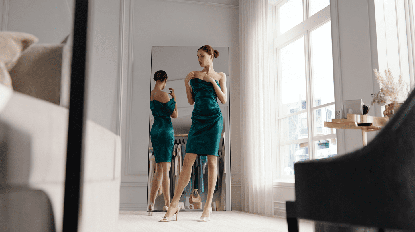 Elegancka kobieta w sukience koktajlowej przeglądająca się w lustrze przed wyjściem na przyjęcie