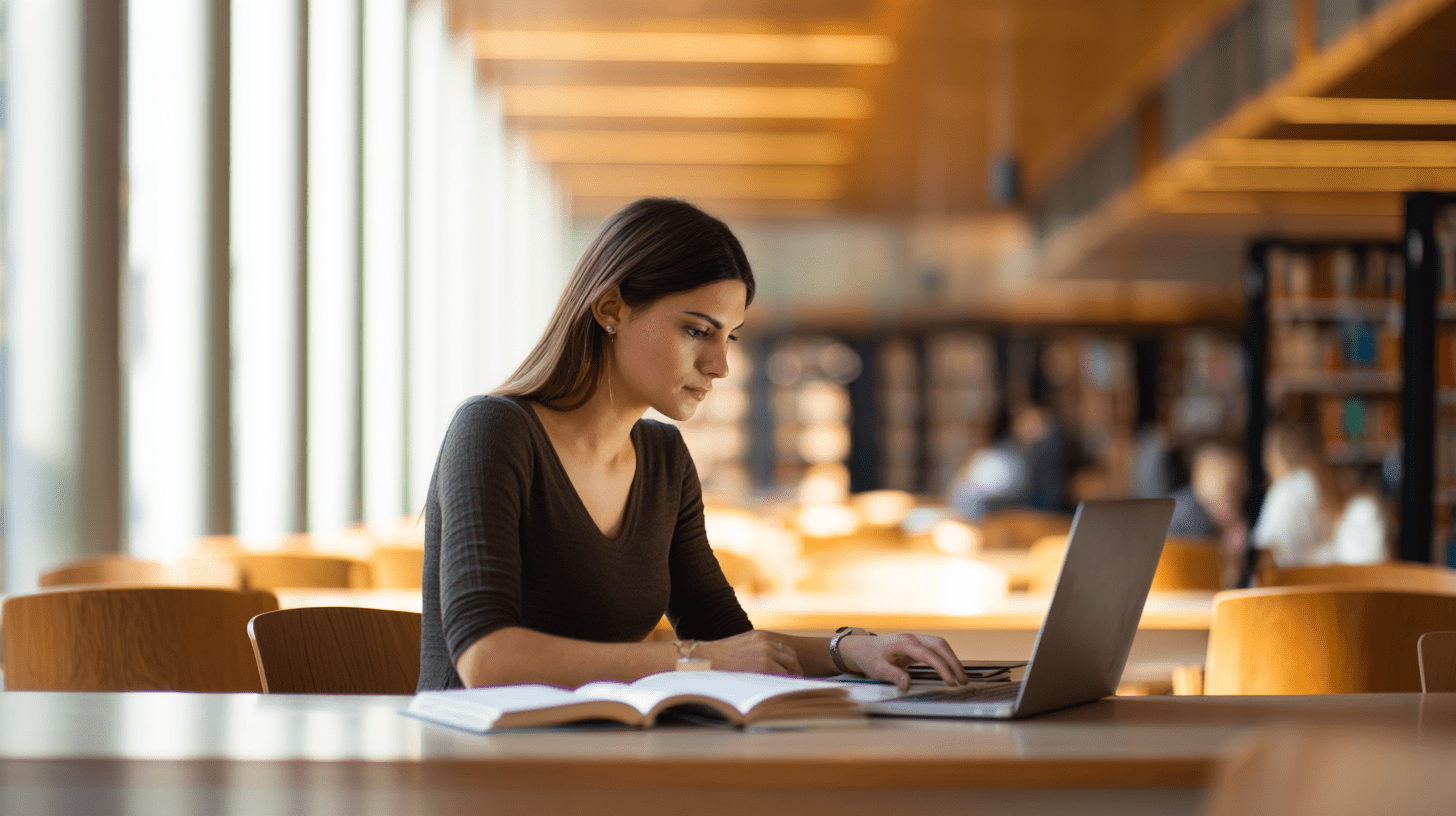 Studentka pracująca na laptopie w bibliotece, przygotowująca się do rekrutacji na studia 2 stopnia.