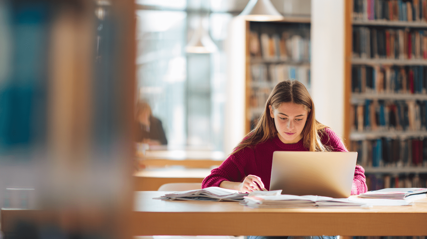 Młoda osoba przegląda oferty edukacyjne na laptopie w bibliotece, szukając opcji na studia bez matury i szkoły policealne.